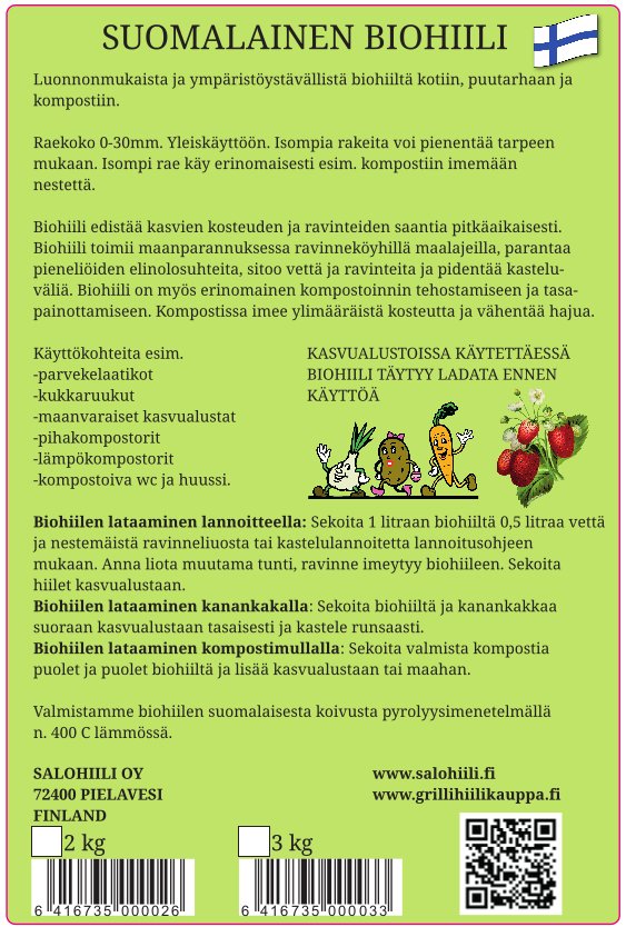 Kevään tarjous!! Suomalaisia Biohiiliä 15kg toimitettuna Postnordin noutopisteeseen 33,10€